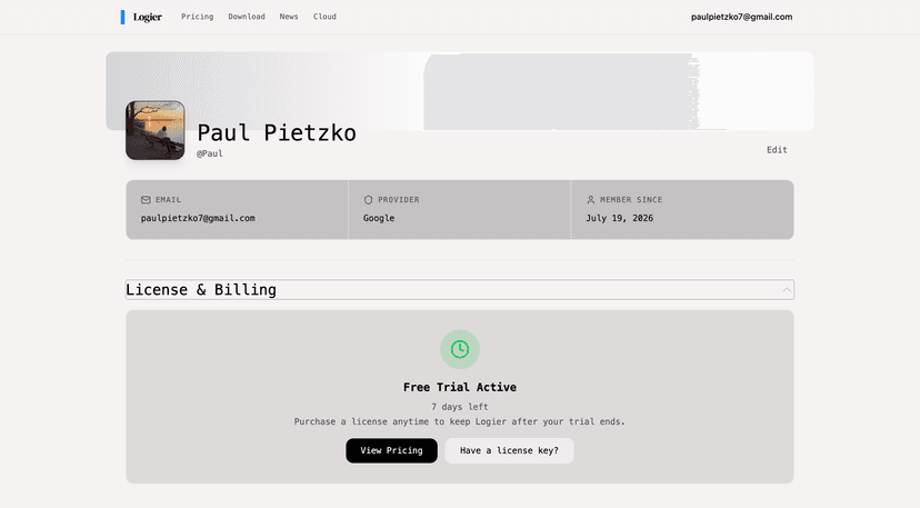 Logier Website Profile Page Trial Section