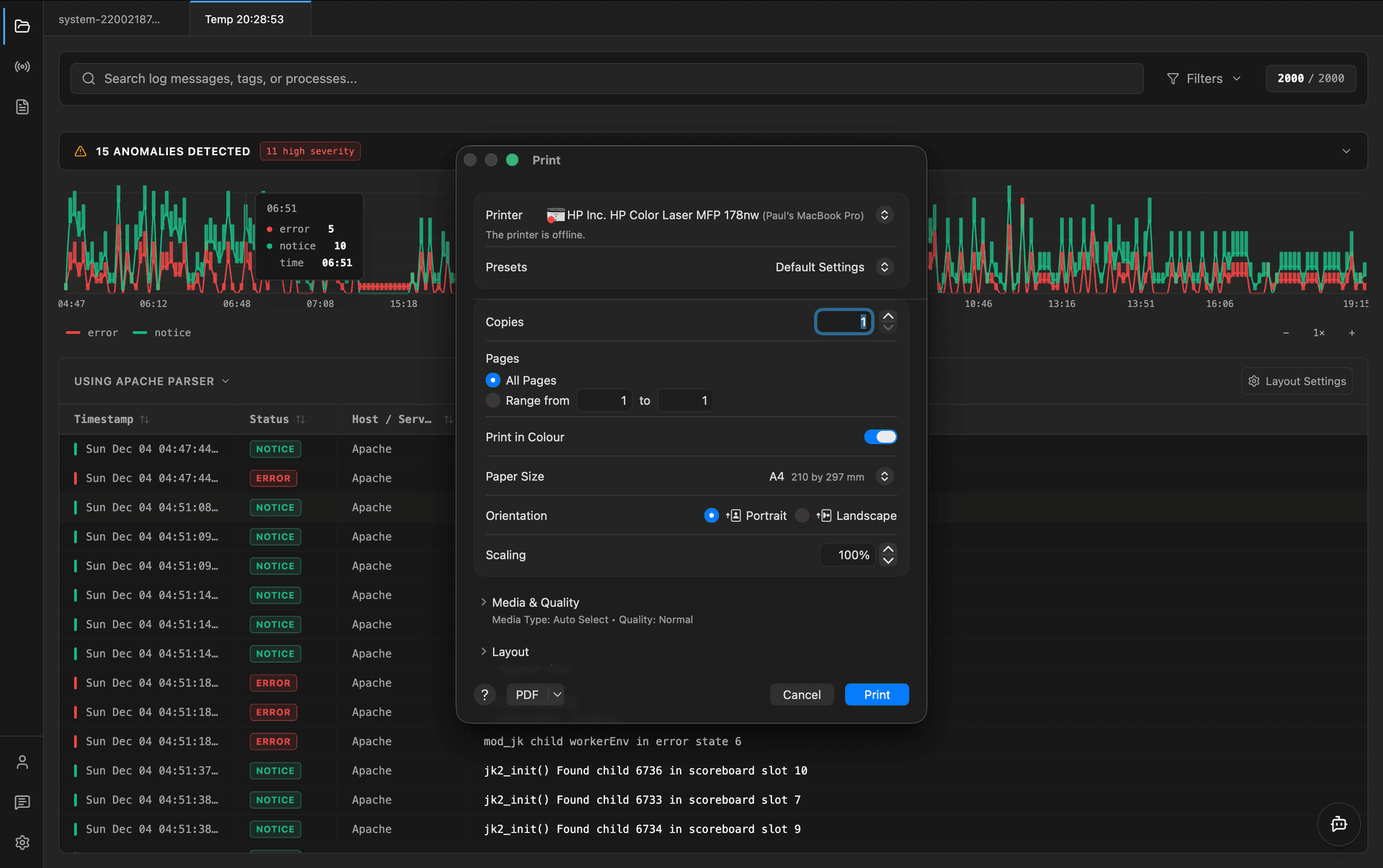 Logier App Print Log View