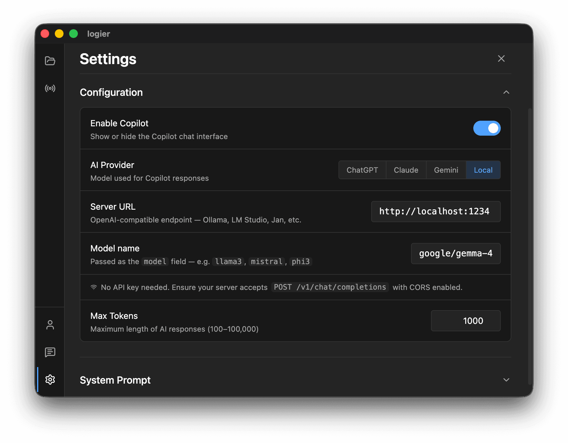 Logier local model configuration
