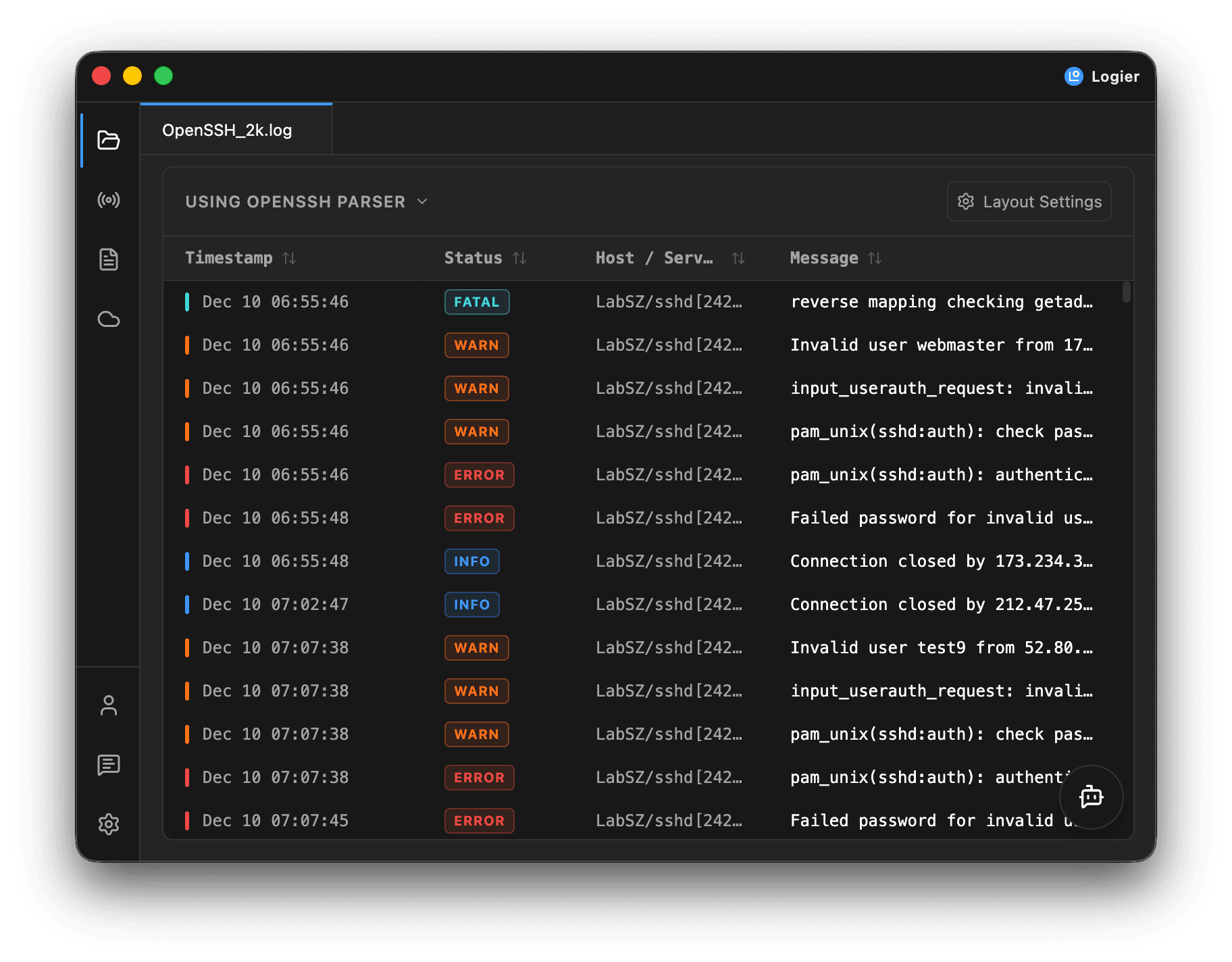 Logier App Log Table