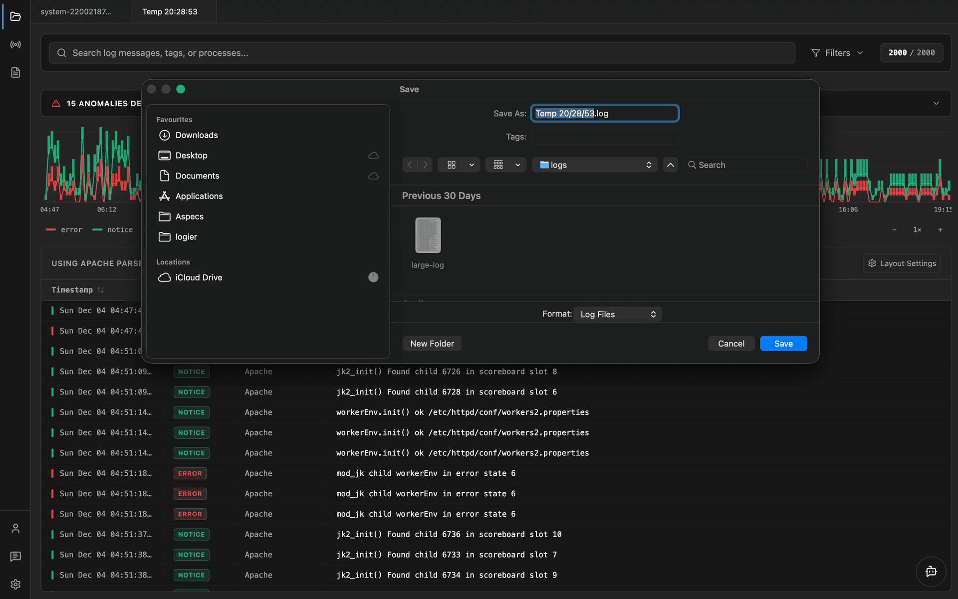 Logier App Save Temporary and Session Logs to System