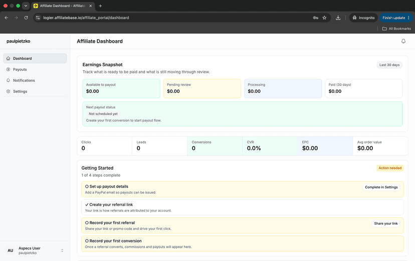 Logier Affiliate AffiliateBase Dashboard