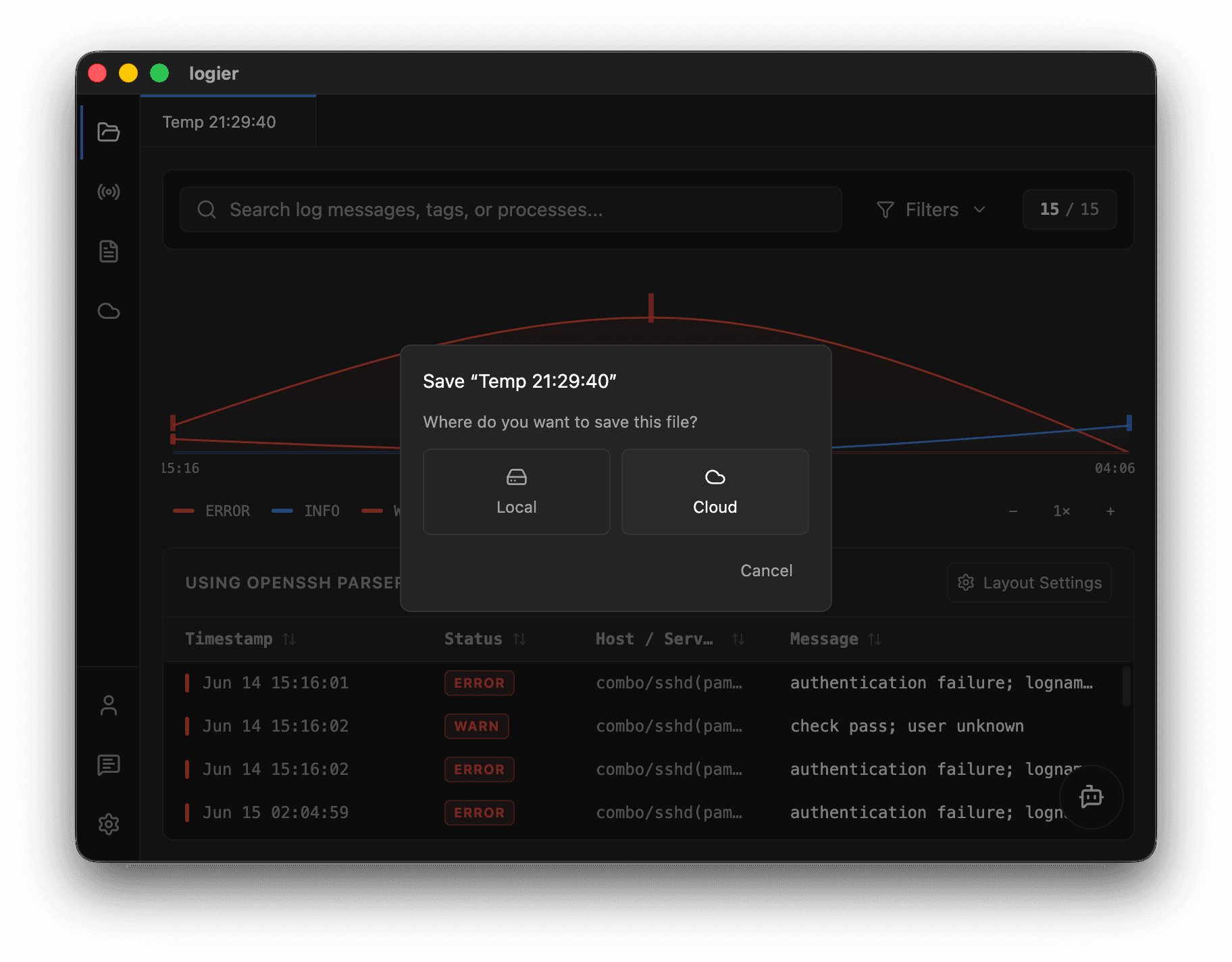 Logier Saving Temporary and Live Session Logs