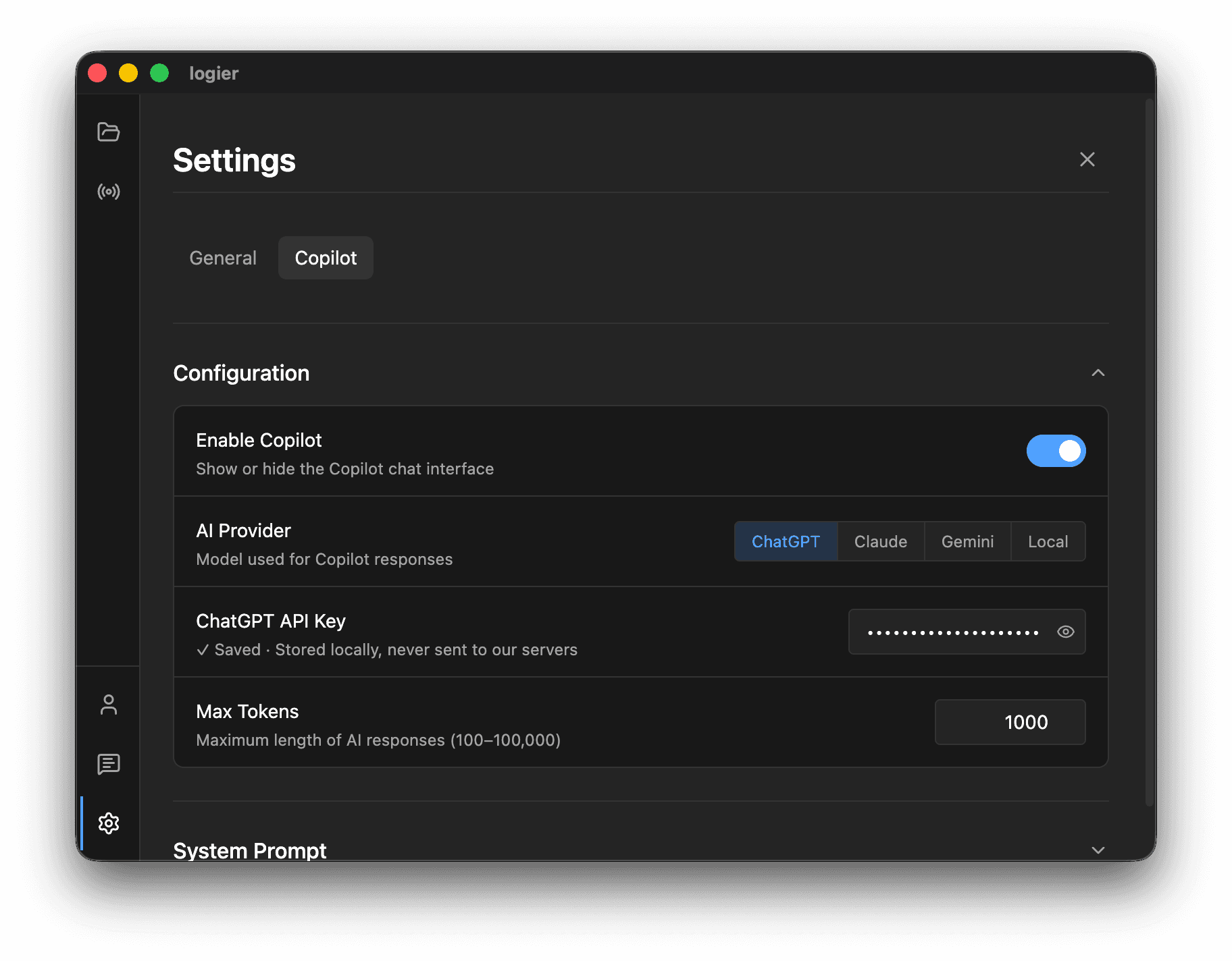 Logier Copilot settings tab