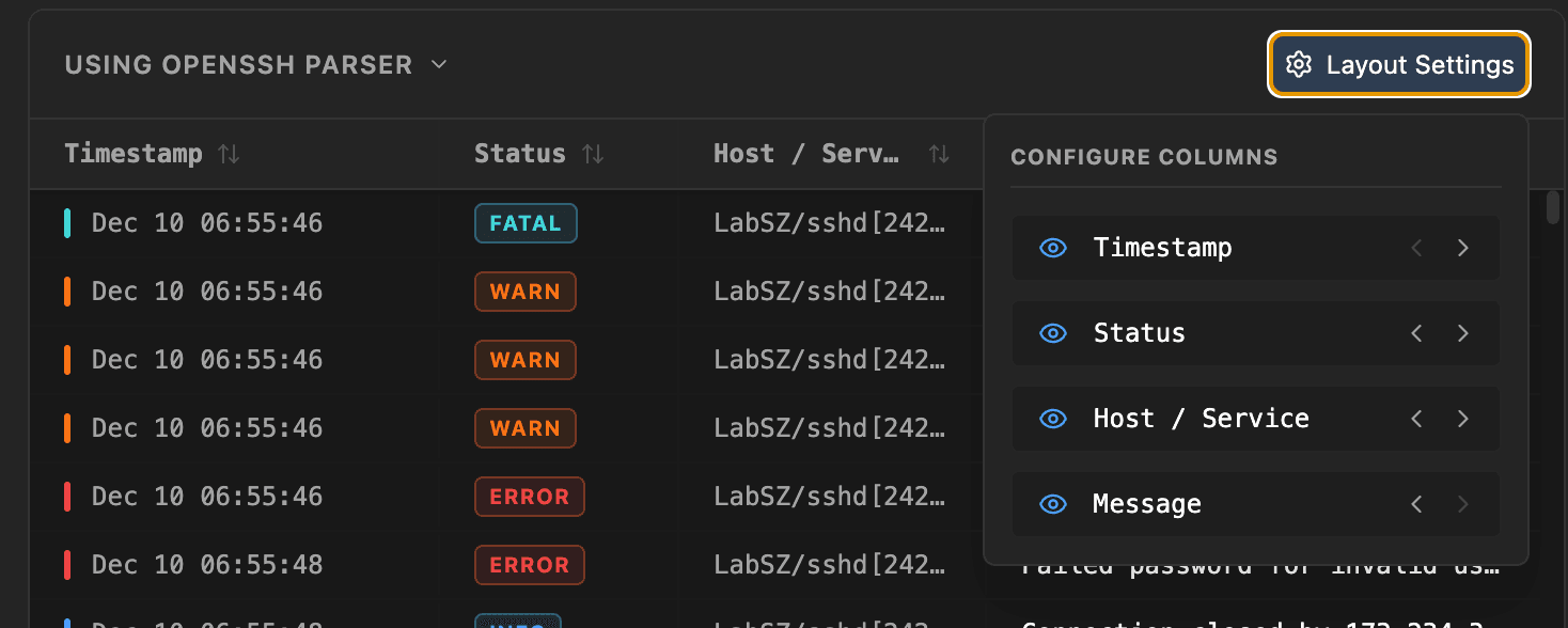 Logier Logtable Customizing Column Order