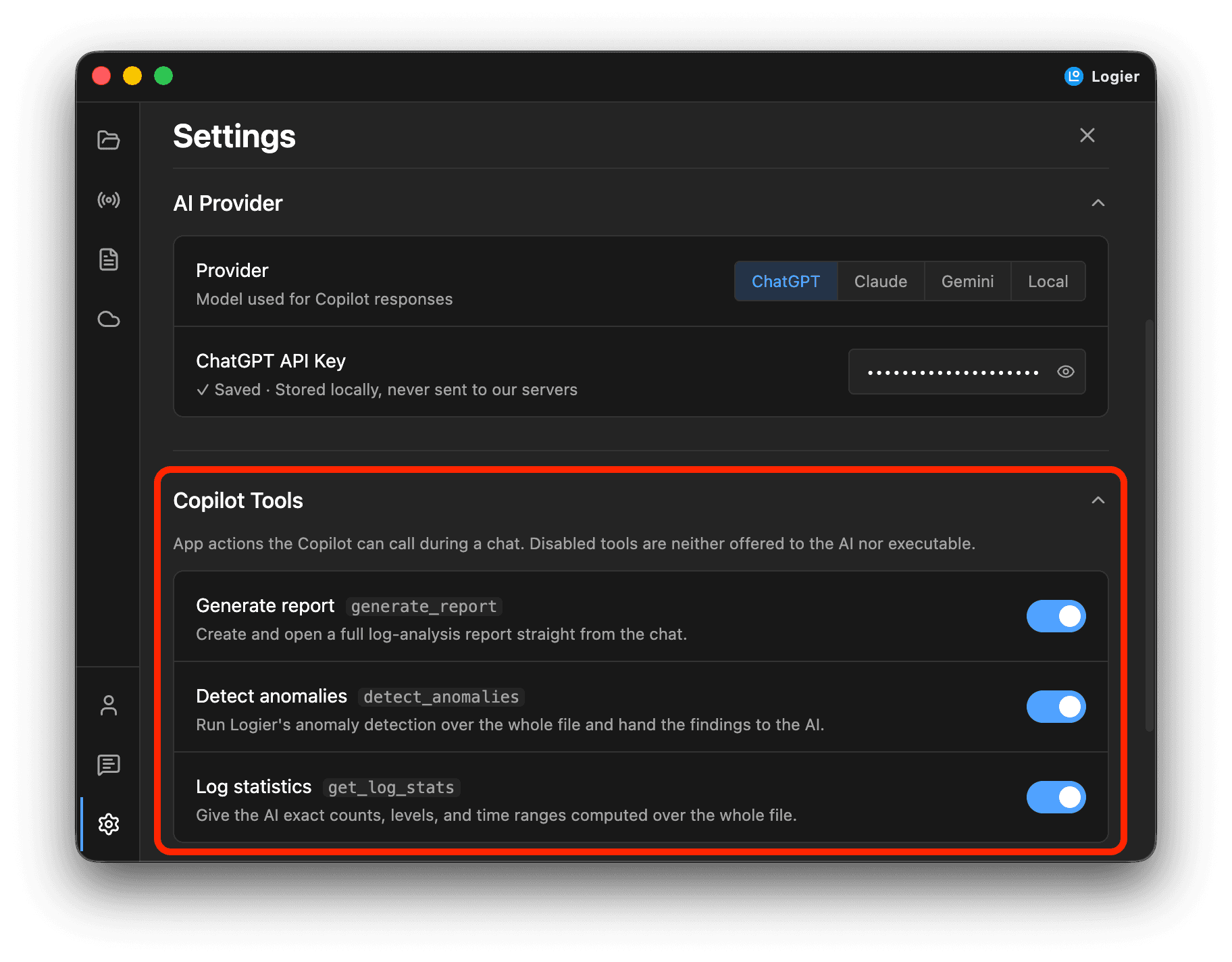 Logier Copilot Tools settings